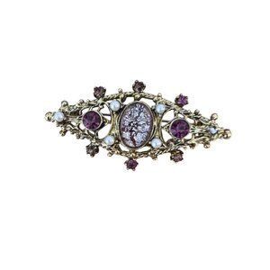Vintage Edwardian Brooch Amethyst Rhinestones Foil Center Tube Closure Gold Tone